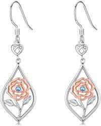 wholesale 925 Sterling Silver Rose Dangle Earrings with Birthstone Flower Jewelry for Women-March-Aquamarine