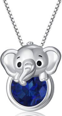 wholesale 925 Sterling Silver Birthstone Elephant Pendant Necklace for Women-September - Created Sapphire