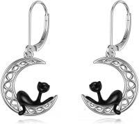 wholesale 925 Sterling Silver Cat Moon Shape Pendant Leverback Earring Set for Women Girls Gifts 4cm Length-Black Cat