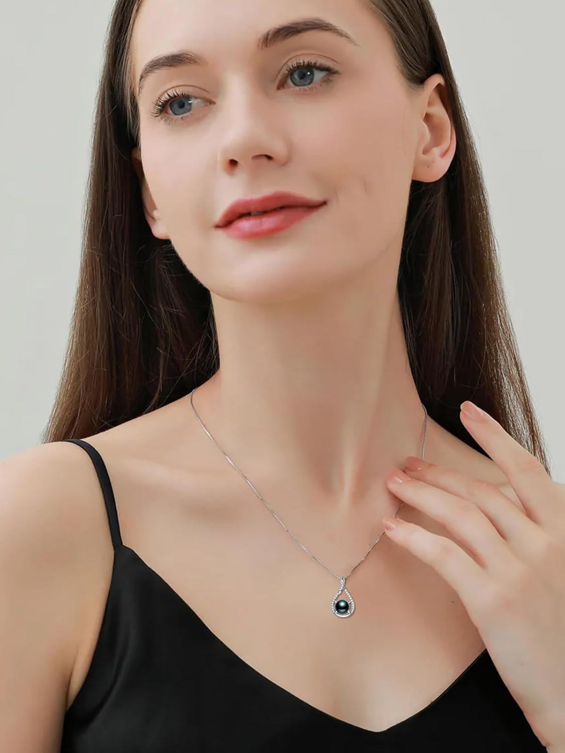 Sterling Silver White Gold Plated Black Freshwater Pearl Necklace-0-4