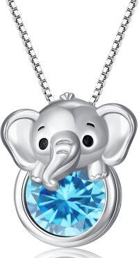 wholesale 925 Sterling Silver Birthstone Elephant Pendant Necklace for Women-March - Aquamarine