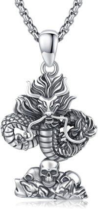 wholesale 925 Sterling Silver Dragon Pendant with Skull and Stone Chain for Men Women Valentines Day Gifts-Skull