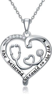 wholesale 925 Sterling Silver Heart Shaped Stethoscope Caduceus Angel Wings RN Pendant Necklace-Stethoscope