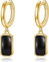 wholesale Sterling Silver Moonstone Peridot Black Onyx Rose Quartz Lapis Lazuli Square Dangle Hoop Earrings-Black Onyx-1