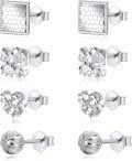 wholesale 925 Sterling Silver Square & Heart CZ Stud Earring Set (4 Pairs) - Women's Fashion -0-0