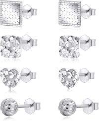 wholesale 925 Sterling Silver Square & Heart CZ Stud Earring Set (4 Pairs) - Women's Fashion -4 pcs Silver