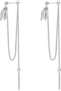 wholesale 925 Sterling Silver Leaf Drop Threader Earring with Chains - Elegant Holiday Accessory for Women-leaf