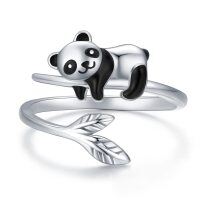 wholesale 925 Sterling Silver Cute Panda Rings Wholesale With Leaves-Panda