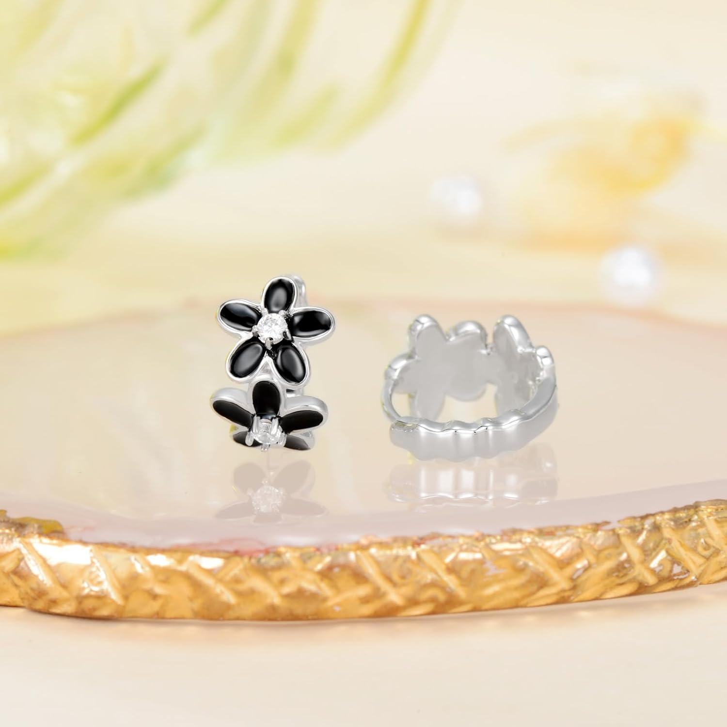 wholesale 925 Sterling Silver Black Enamel Flower Studs with CZ Cartilage Leverback Earring Set for Women Girls Gift-0-4