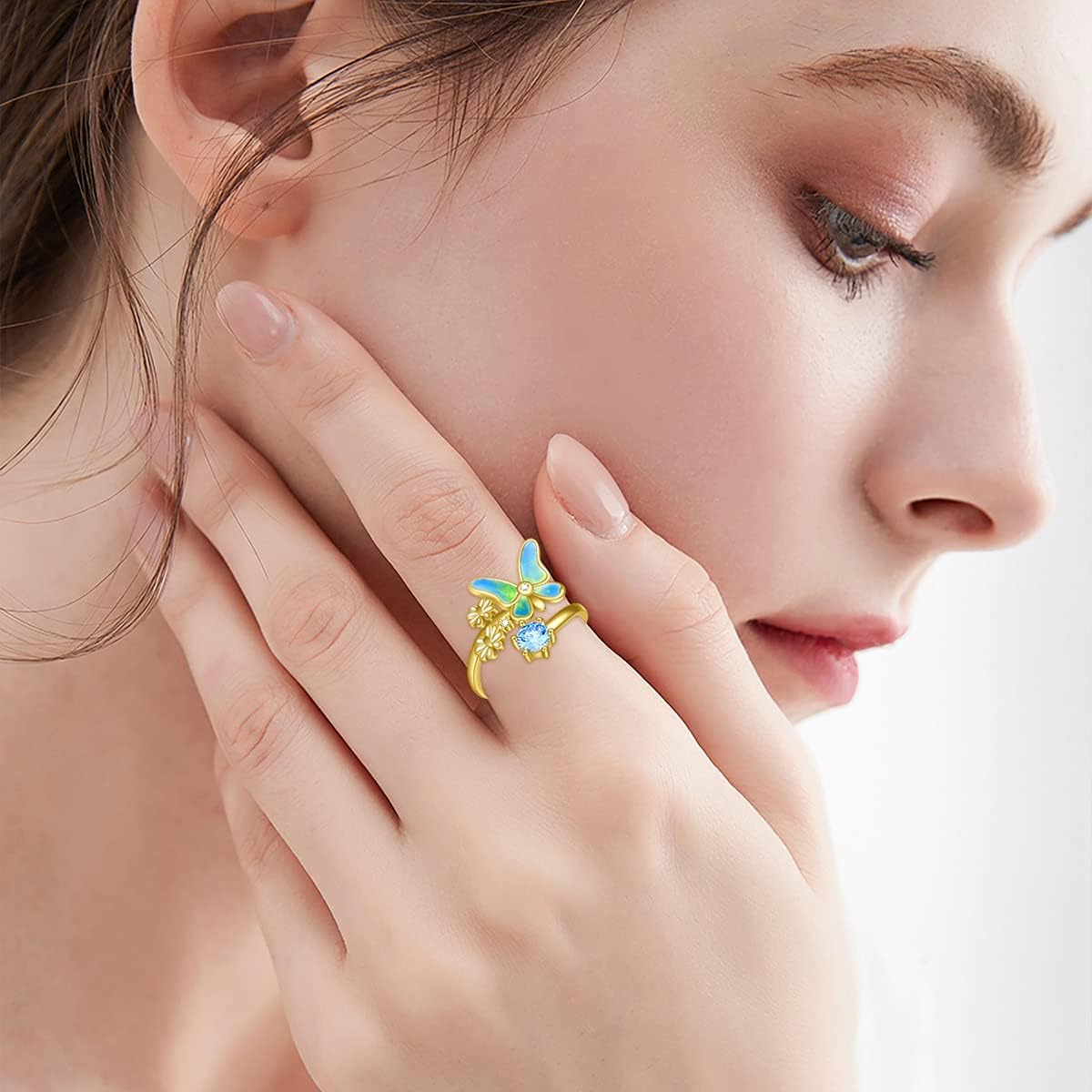 Sterling Silver Butterfly Daisy Adjustable Rings for Women-0-1