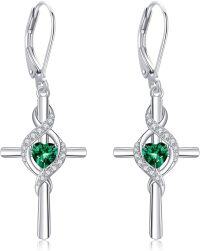 wholesale 925 Sterling Silver Birthstone Cross Dangle Earrings for Women-05-May-Created Emerald