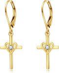 wholesale 14K Gold Heart Cross Dangle Earrings with Sensitive Skin Safe Design for Faith, Love & Loyalty, 1.2 Inch Gift-0-0