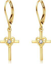 wholesale 14K Gold Heart Cross Dangle Earrings with Sensitive Skin Safe Design for Faith, Love & Loyalty, 1.2 Inch Gift-Heart