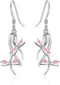 wholesale 925 Sterling Silver Pink Crystal Dragonfly Drop Earrings for Women Girls  4cm Long-0-0