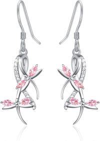 wholesale 925 Sterling Silver Pink Crystal Dragonfly Drop Earrings for Women Girls  4cm Long-pink