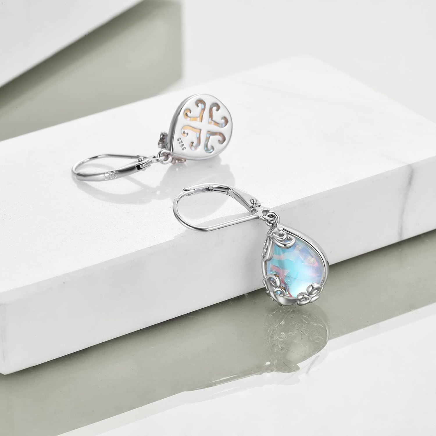 925 Sterling Silver Opalite Drop Earrings with Leverbacks - Celtic Style Jewelry for Women-0-3
