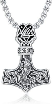 wholesale Sterling Silver Viking Necklace w Wolf Thor s Hammer Vegvisir Tree of Life Compass Pendant-B-Thors Hammer Necklace C