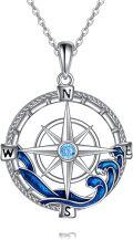 wholesale 925 Sterling Silver Compass Wave Blue Crystal Pendant Necklace for Women Girls-0-0