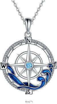 wholesale 925 Sterling Silver Compass Wave Blue Crystal Pendant Necklace for Women Girls-Compass Necklace