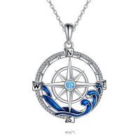wholesale 925 Sterling Silver Compass Wave Blue Crystal Pendant Necklace for Women Girls-Compass Necklace