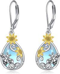 wholesale 925 Sterling Silver Sunflower & Bee Teardrop Moonstone Hypoallergenic Leverback Dangle Earrings for Women Gifts-1-Bee Sunflower Earrings