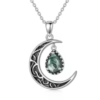 wholesale 925 Sterling Silver Crescent Moon with Amethyst Pendant Necklaces for Women s 45cm Chain Length-Moss Agate