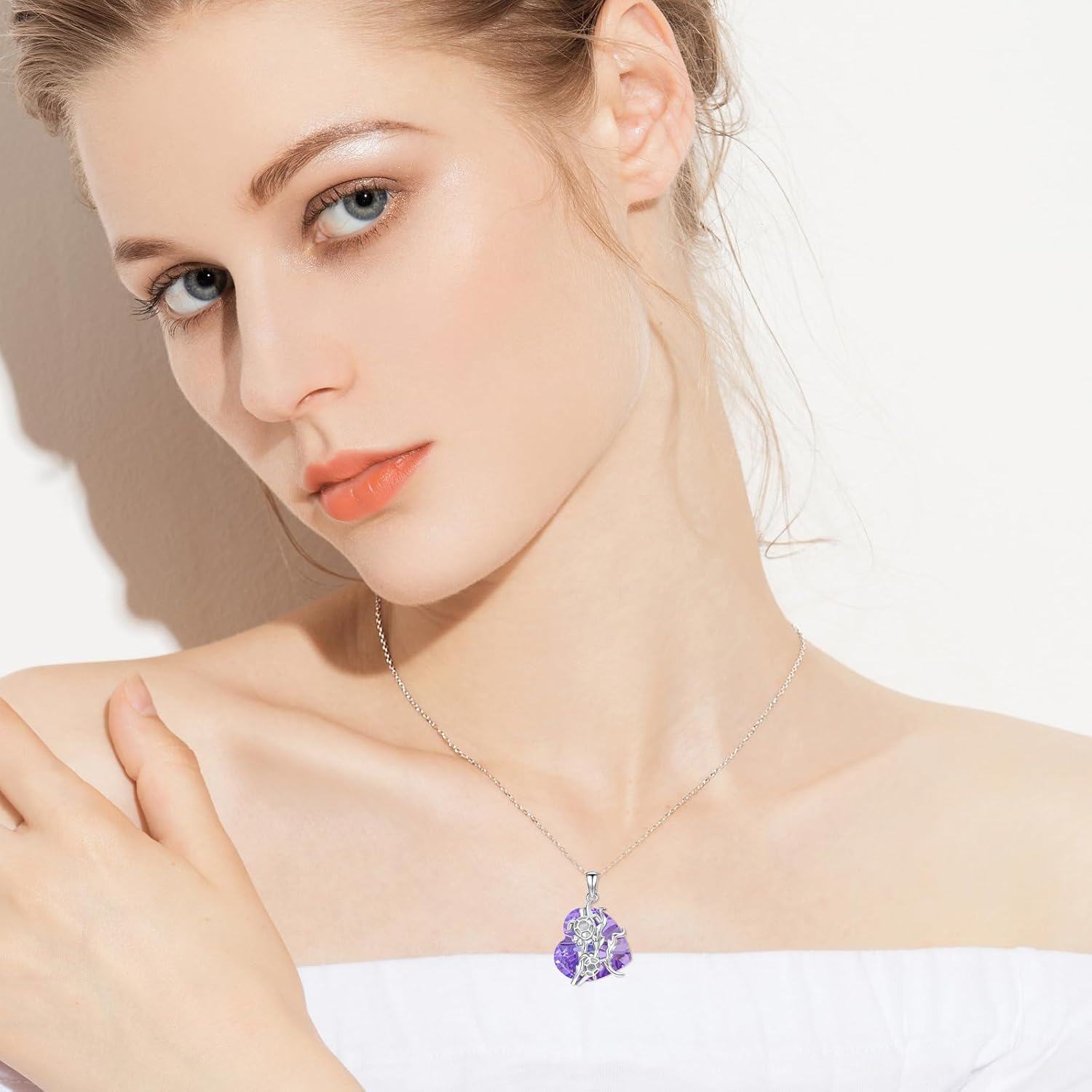 wholesale 925 Sterling Silver Purple Crystal Heart & Turtles Pendant Necklace-0-3
