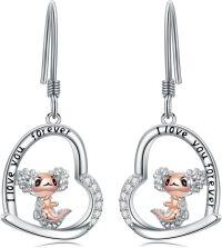 wholesale 925 Sterling Silver I Love You Forever Sloth Dangle Earrings with Cubic Zirconia and Heart-Shaped Pendant-C-Axolotl