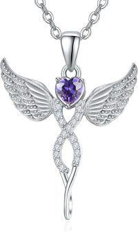 wholesale Sterling Silver Angel Birthstone Necklace with 12 Crystal Gemstones for Protection & Love-02-Feb-Lab Created Amethyst