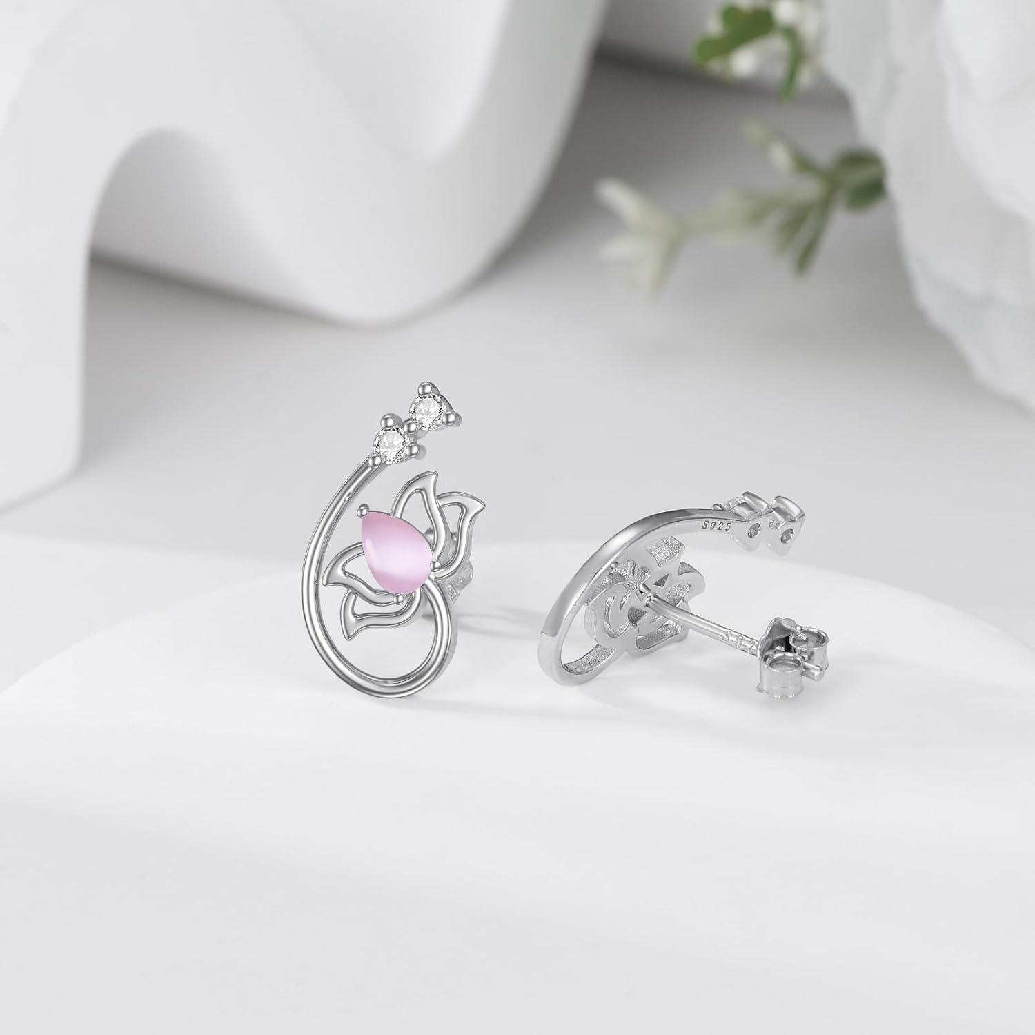 wholesale 925 Sterling Silver Pink Cat's Eye Lotus Flower Stud Earring-0-3