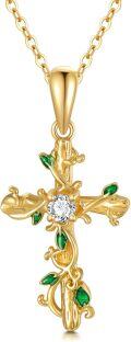 wholesale 14K Gold Green Crystal Flower Vine Cross Pendant Necklace for Women Gifts for Mom Wife Lover-0-0