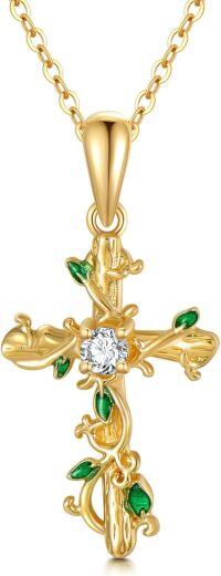 wholesale 14K Gold Green Crystal Flower Vine Cross Pendant Necklace for Women Gifts for Mom Wife Lover-Vine Cross