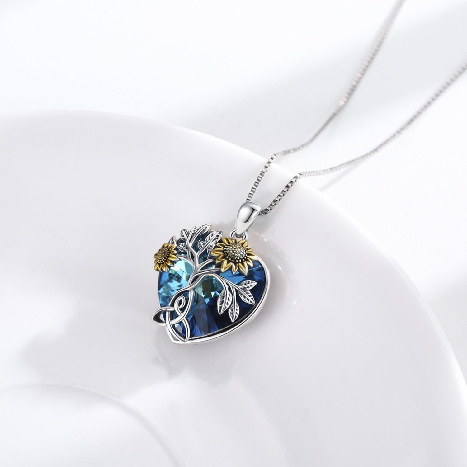 925 Sterling Silver Heart-Shaped Tree of Life Pendant Necklace with Blue Crystal and Gold Sunflowers-0-1