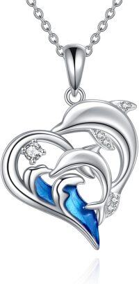 wholesale 925 Sterling Silver Heart-Shaped Dolphins Wave Pendant Necklace with Blue Enamel and Cubic Zirconia Gifts for Women-Double Dolphin