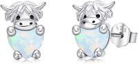 wholesale 925 Sterling Silver Opal Cow Stud Earrings with Heart-Shaped Stone and Hypoallergenic Backing-Highland Cow-Opal