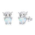 wholesale 925 Sterling Silver Platinum Plated Highland Cow White Opal Heart Stud Earrings-0-0