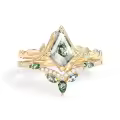 TOUPOP 10k 14k Gold Natural Moss Agate & Moissanite Women's Bridal Ring Set-0-0