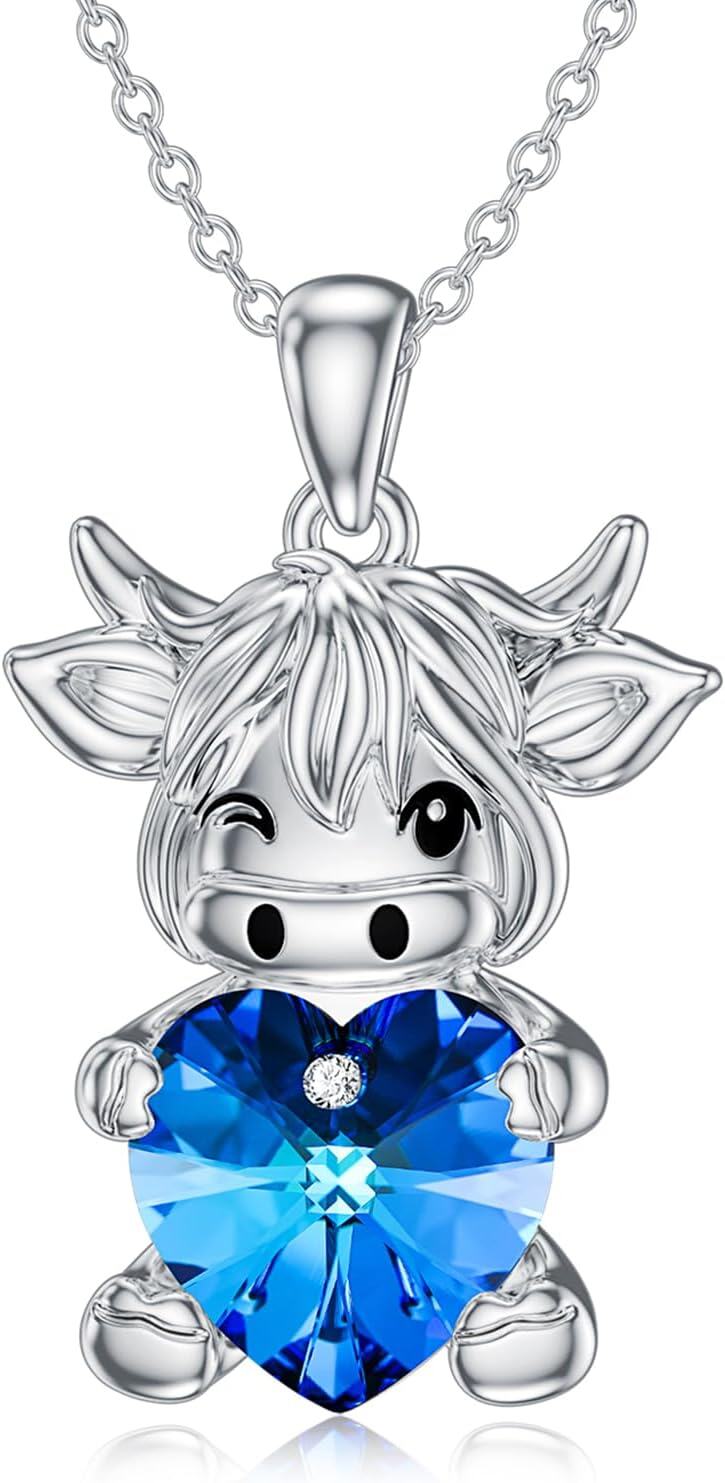 Sterling Silver Crystal Highland Cow Heart Pendant Necklace for Women Girls-0-1