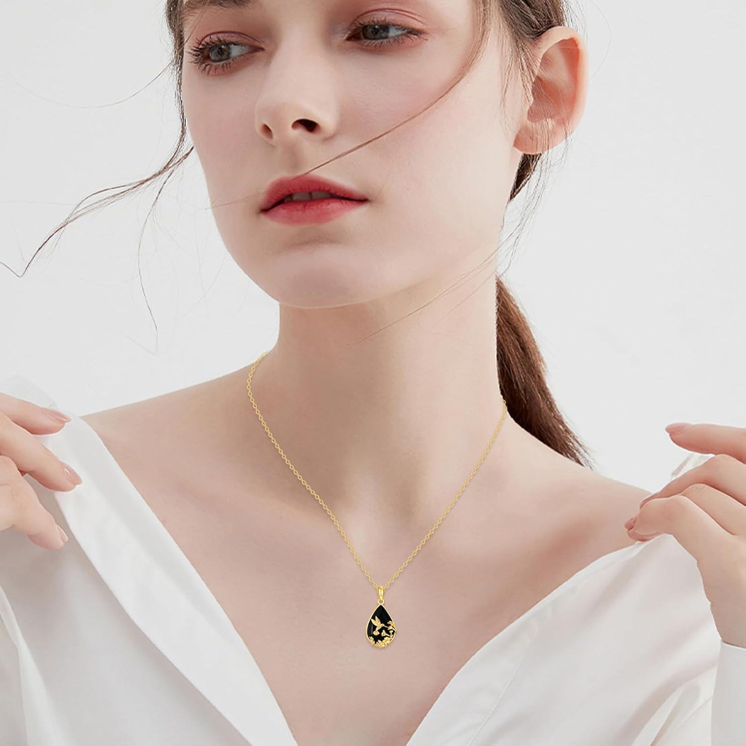  Solid Yellow Gold Black Crystal Necklace Vintage Pendant Gothic Jewelry -0-5
