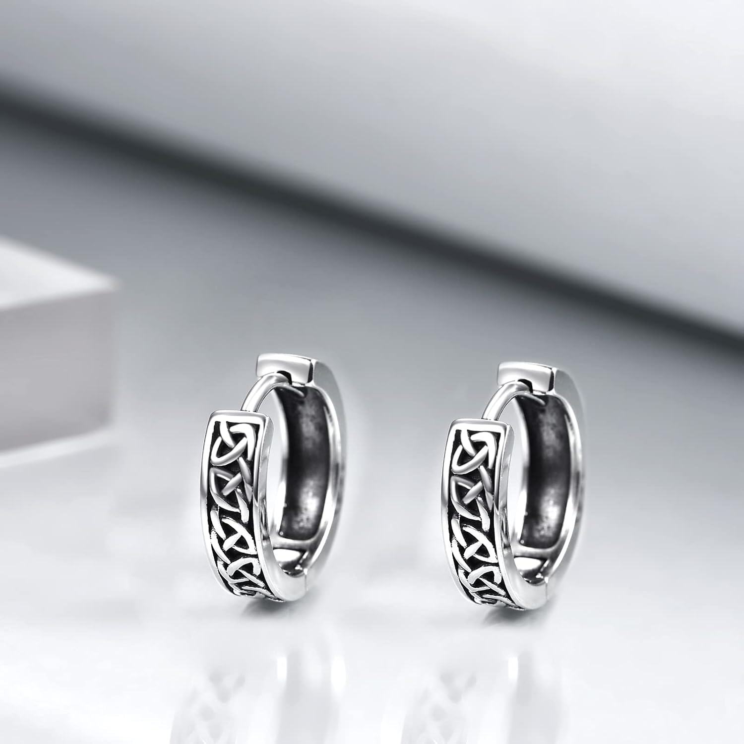 925 Sterling Silver Black Celtic Knot Huggie Hoop Earrings for Men - Vintage Gothic Punk Style Jewelry 4g Diameter-0-4