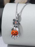 wholesale 925 Sterling Silver Halloween Pendant - Witch Hat Ghost with Jack-o'-Lantern Basket Charm Necklace for Women and Girls-0-2