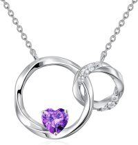 wholesale Sterling Silver Heart Birthstone Interlocking Double Circle Sister Necklace-Purple
