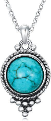 wholesale 925 Sterling Silver Round Genuine Turquoise Pendant Necklace Bohemian Gift for Women-Circle
