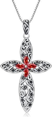 wholesale Sterling Silver 12 Birthstone Faith Cross Pendant Necklace for Women-Garnet
