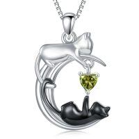 wholesale 925 Sterling Silver Onyx Cat Moon Pendant Necklace Women s Jewelry Gift-August - Peridot