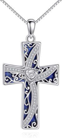 wholesale 925 Sterling Silver Blue Lapis Lazuli & Black Onyx Rose Cross Pendant Necklace-Lapis lazuli cross necklace