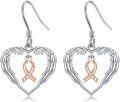 wholesale 925 Sterling Silver Heart-Shaped Angel Wing & Pink Ribbon Drop Earrings with Hypoallergenic Hooks-0-0