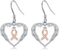 wholesale 925 Sterling Silver Heart-Shaped Angel Wing & Pink Ribbon Drop Earrings with Hypoallergenic Hooks-Angel Wings