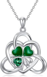 wholesale 925 Sterling Silver Green Crystal Shamrock Pendant Necklace 4-Leaf Clovers Irish Jewelry for Women Girls Gifts USA National Pride Charm Chain Length Adjustable (18-36)-St Patricks Day-Celtic