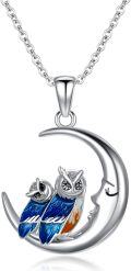 wholesale 925 Sterling Silver Blue Enamel Moon Owls Pendant Necklace for Women Girls-0-0